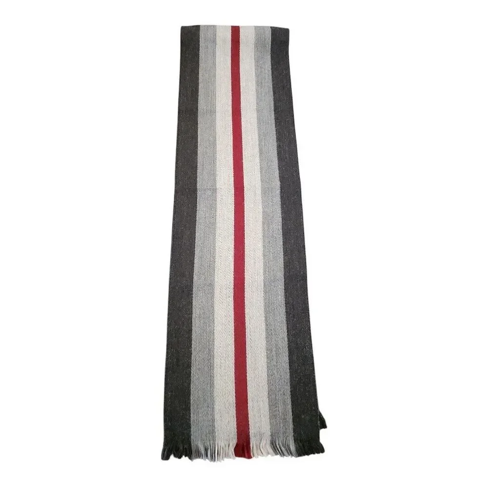 NWT HICKIE‎ FREEMAN Grey Red Striped Scarf Merino Wool Fringed Men's One Size